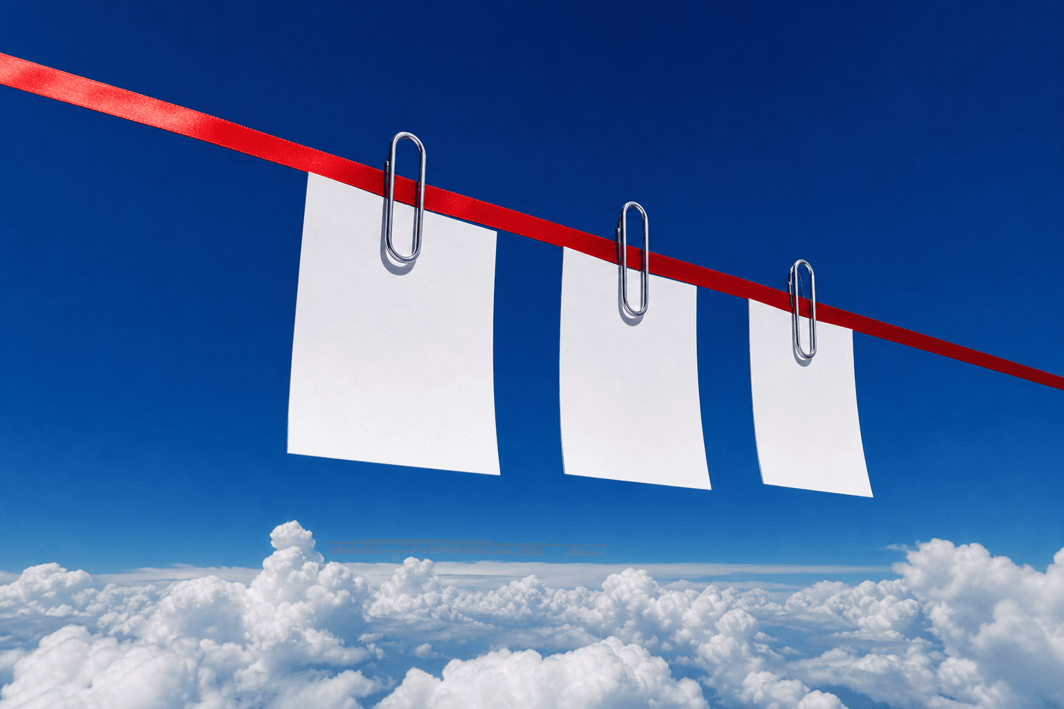 Three white pages aligned along a scarlet ribbon above clouds