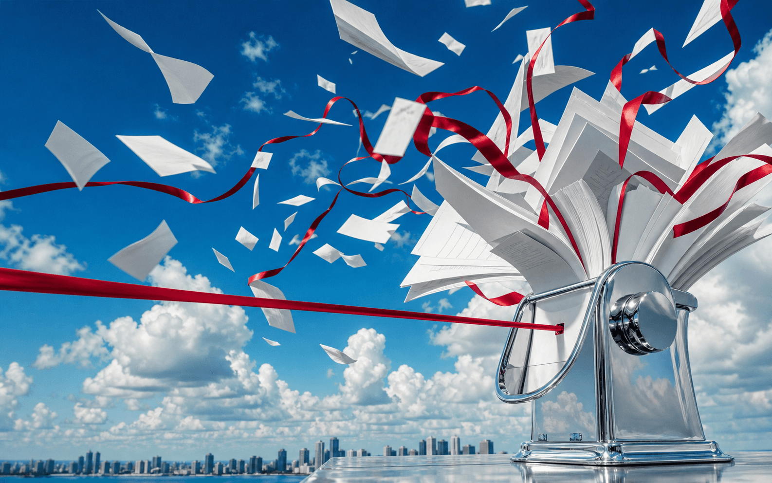 White contracts and scarlet ribbons flying through a bright blue sky toward a chrome organizer