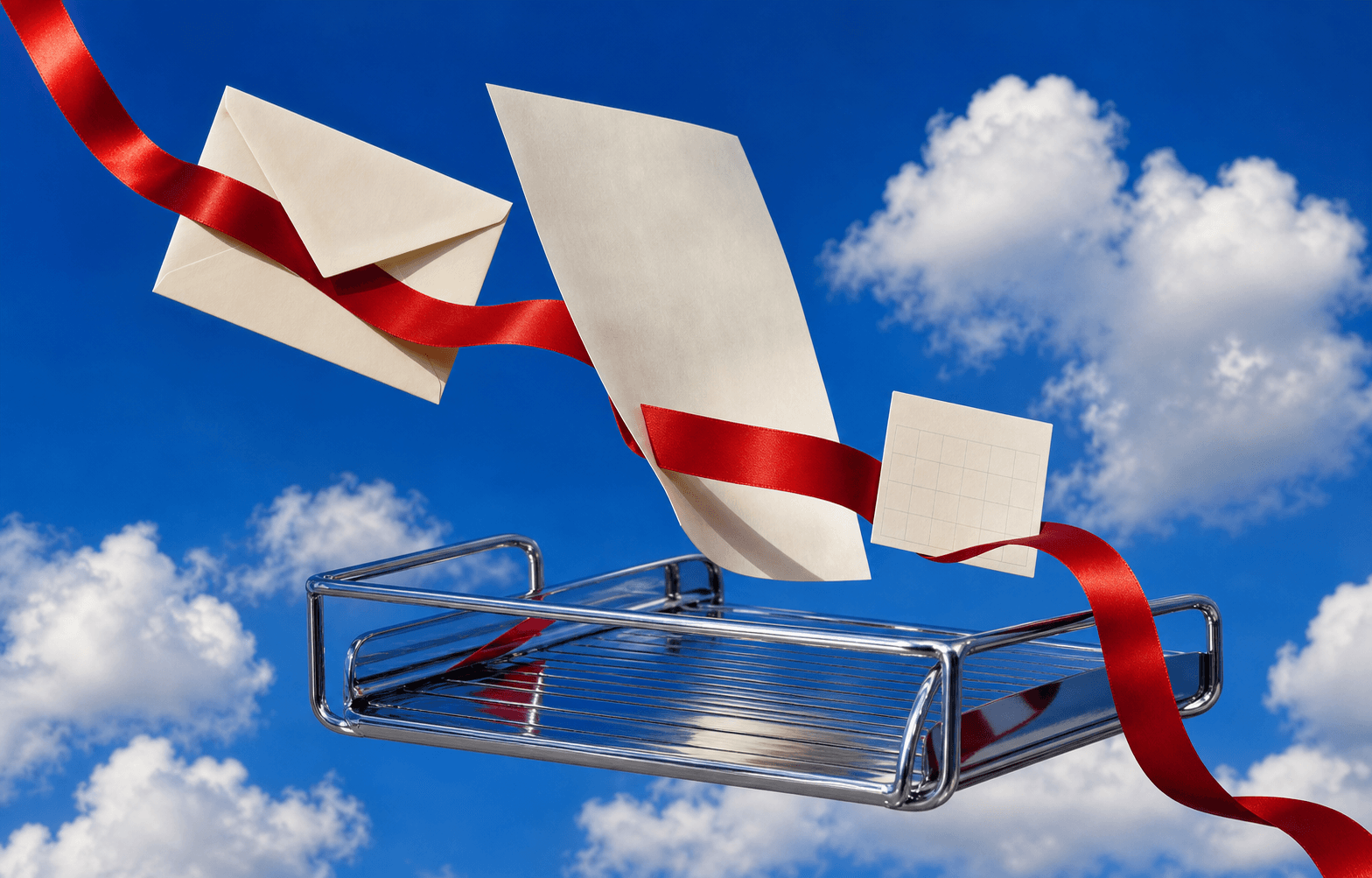 An envelope, contract, and calendar card traveling on a scarlet ribbon toward a chrome tray