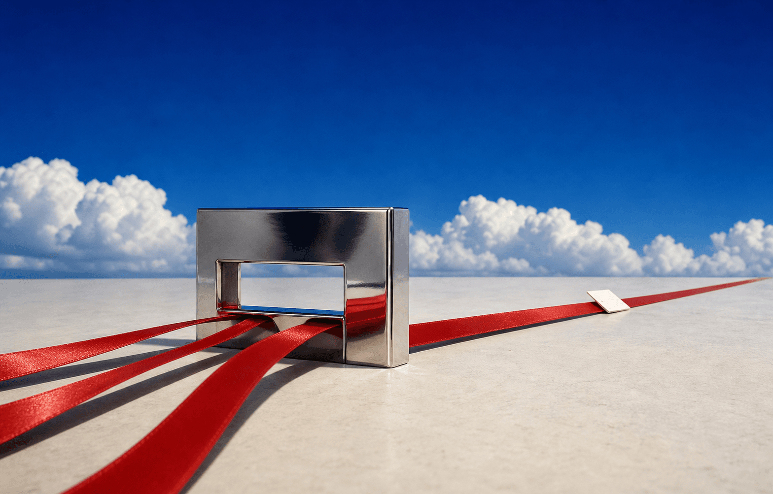 Three scarlet ribbons entering a chrome gate and leaving as one clear path