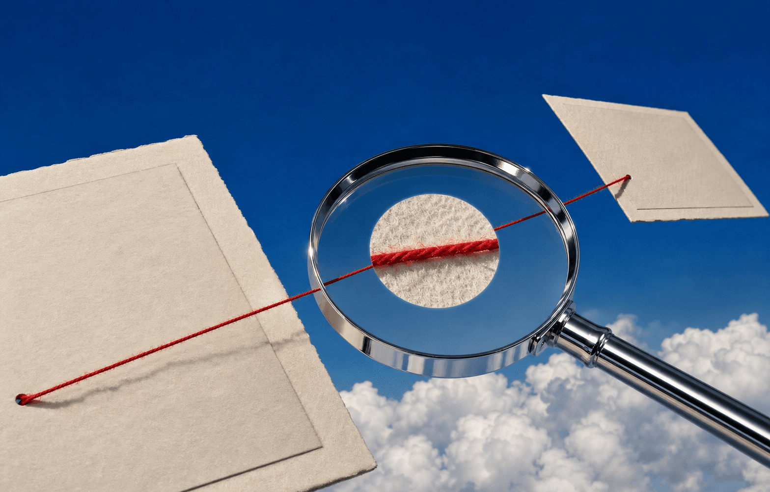 A magnifying lens following scarlet thread between two paper documents